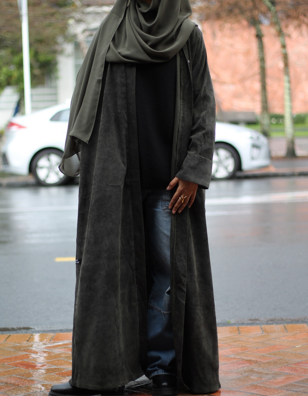 Ribbed Coat Abaya - KHAKI
